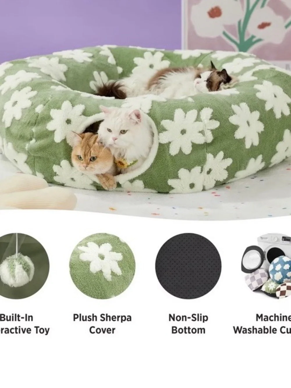 BEDSURE Plush Green Daisy Cat Tunnel & Bed 💚🍃❗️🐈